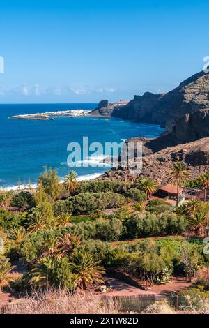 Die Stadt Agaete vom Aussichtspunkt Barranco de Guayedra. Gran Canaria. Spanien Stockfoto