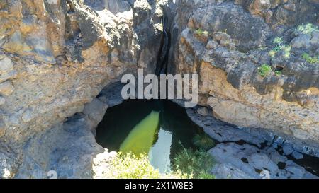 Aus der Vogelperspektive von Charco Azul in den Podemos nach Agaete auf Gran Canaria, Kanarischen Inseln Stockfoto