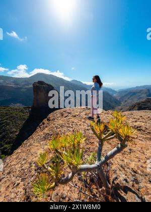 Eine Wanderer am Aussichtspunkt Roque Palmes in der Nähe von Roque Nublo auf Gran Canaria, Kanarischen Inseln Stockfoto