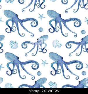 Tintenfisch Seestern Quallen Aquarell nahtloses Muster isoliert auf weiß. Hochwertige handgezeichnete blaue monochromatische Illustration für Notizbücher Stockfoto