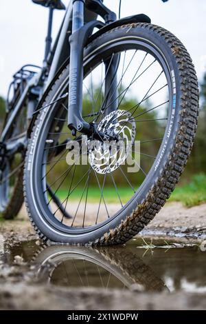 Nahaufnahme eines Fahrradreifens vor einer Pfütze mit Reflexionen, Feder, E-Bike Waldrad, Gechingen, Schwarzwald, Deutschland Stockfoto