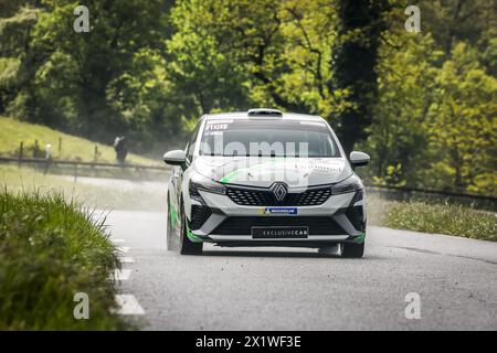 100 DUHAMEL Julien, BANCE Antoine, Renault Clio, Action während der Rallye Rhone Charbonnieres 2024, 2. Runde des Championnat de France des Rallyes 2024, vom 18. Bis 20. April in Charbonnieres-les-Bains, Frankreich Stockfoto