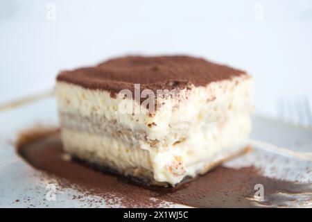 Tiramisu-Dessert auf einem weißen Teller auf weißem Hintergrund Stockfoto