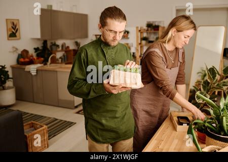 Junger Mann, der sich um winzige Weizenkeime kümmert, die in einer kleinen Kiste wachsen, während er neben seiner Frau steht und Samen in Containern auf der Fensterbank sät Stockfoto