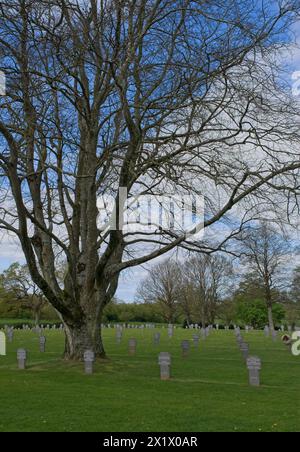 Orglands, Frankreich - 18. April 2024: Dieser deutsche Kriegsfriedhof in Orgland beherbergt die Gräber von etwa 10000 Soldaten, die während des Zweiten Weltkriegs getötet wurden. Su Stockfoto