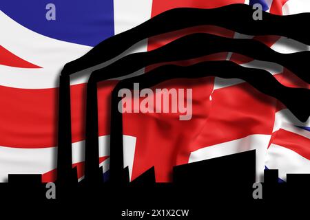 Die Silhouette der Handwerkskunst, die schwarzen Rauch aus Schornsteinen auf der Flagge der britischen Union Jack ausstrahlt. Luftverschmutzung und illegale Staubemission Stockfoto