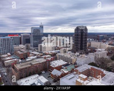 Downtown Raleigh North Carolina, USA. Blick auf die Skyline aus der Vogelperspektive. Stockfoto