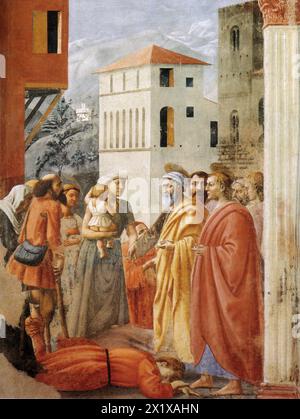 Masaccio - ( 1401 – Sommer 1428) geboren Tommaso di Ser Giovanni di Simone, Florentiner Künstler, der als erster großer italienischer Maler der Quattrocento-Zeit der italienischen Renaissance gilt. — Almverteilung und Tod von Ananias Stockfoto