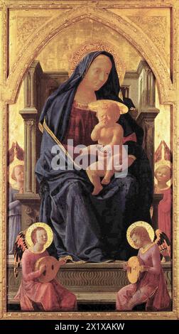 Masaccio - ( 1401 – Sommer 1428) geboren Tommaso di Ser Giovanni di Simone, Florentiner Künstler, der als erster großer italienischer Maler der Quattrocento-Zeit der italienischen Renaissance gilt. 1426: Madonna mit Kind und vier Engeln Stockfoto