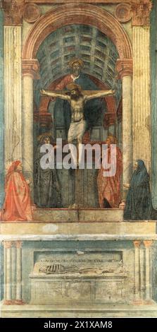 Masaccio - ( 1401 – Sommer 1428) geboren Tommaso di Ser Giovanni di Simone, Florentiner Künstler, der als erster großer italienischer Maler der Quattrocento-Zeit der italienischen Renaissance gilt. 427–1428 – Heilige Dreifaltigkeit Stockfoto