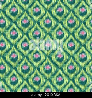 Nahtloses Vintage-Muster im Ikat-Stil. Retro-grünes Ikat-Muster mit Pfauenfedern. Stockfoto