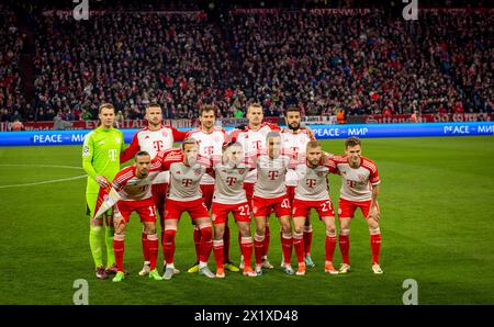 München Deutschland. April 2024. Teamfoto: Torwart Manuel Neuer (München) Eric Dier (München) Leon Goretzka (München) Eric Dier (München) Noussair Stockfoto