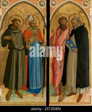 Gemälde des Heiligen Franziskus und eines Bischofs, des heiligen Johannes des Täufers und des heiligen Dominikus von dem italienischen Maler Fra Angelico (Guido di Pietro, Fra Giovanni da Fiesole) Tempera und Blattgold auf Tafelplatte Stockfoto