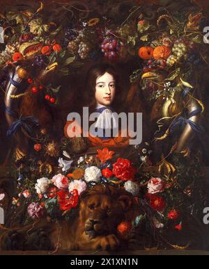 Blumengirlande mit Porträt von Wilhelm III. Von Orange, 10 Jahre alt, Gemälde von Jan Davidsz de Heem mit Herzstück von Vermeer van Utrecht Stockfoto