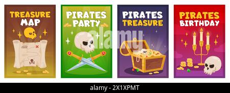 Plakate mit Piratenschätzen. Zubehör für Seeräuber. Holzkisten mit Goldmünzen und Edelsteinen. Korsaren alte Karte. Schwerter und Kerzenhalter. Piraterie Stock Vektor