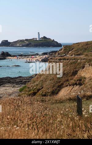 Blick auf Godrevy Lighthouse, St Ives, Cornwall, England, Großbritannien Stockfoto