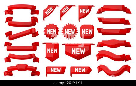 Zeichentrickbänder. Rote Abzeichen im Angebot. Rabattaufkleber. Stoffstreifen. Banner für Neuankömmlinge. Preisangebotsvorlagen. Lesezeichen- oder Eckbänder. Zuschlag Stock Vektor