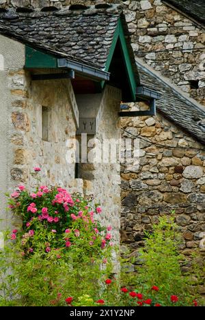 Altes Gebäude mit rosa und roten Rosenpflanzen im Garten vor Steinmauern im Sommer in Frankreich. Stockfoto