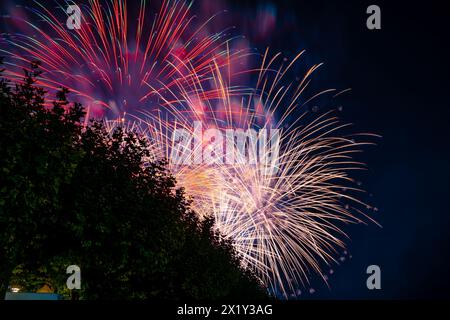Wunderschönes Feuerwerk beim Seeuchtfest am Bodensee. Konstanz, Baden-Württemberg, Deutschland. Stockfoto