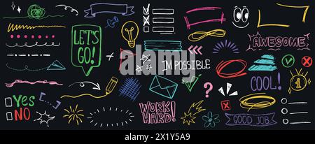 Handgezeichneter Bleistifttext unterstrichen, Pfeil, Hervorhebungslinie Akzentelement und Ausdruckszeichen. Kritzelnde Satzzeichen, Holzkohlekritzeleien, Striche. Farbrahmen, Checkliste, Häkchen und Kontrollkästchen-Symbol Stock Vektor