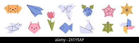 Comic Origami. Verschiedene Papierformen. Tulpenblume. Schiff und Flugzeug. Polygonale Tiere. Japanische Kunst. Pinwheel und Stern. Asiatischer Kranvogel. Geometrisch Stock Vektor