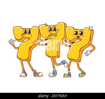 Cartoon Retro groovige drei sieben goldene Zeichen Charakter. Isolierte Vektorgelb oder goldene dreifache 7 lächelnde Persönlichkeiten im Vintage-nostalgischen Stil, Symbol des Glücks, Casino-Glücksspiel, Jackpot und Chance Stock Vektor