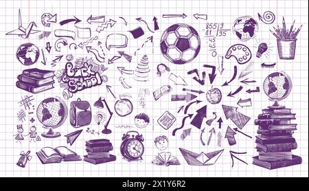 Große Auswahl an Schulartikeln. Willkommen zurück in die Schule. Zeichnung mit blauem Stift auf Notizblatt. Handgefertigte, nicht AI-Vektor-Illustration Stock Vektor
