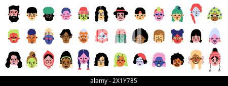 Abstrakte Menschenporträts. Zeitgenössische skurrile Charaktere, Comic-Gesichter mit verschiedenen Emotionen, farbenfrohe menschliche lustige Köpfe, kritzelnde Männer und Frauen Stock Vektor
