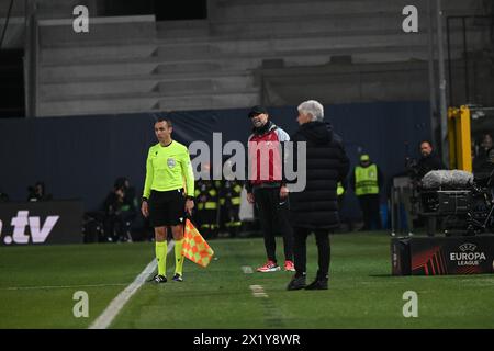 Bergamo, Italien. April 2024. Jurgen Norbert Klopp, Cheftrainer des FC Liverpool, während des Viertelfinals der UEFA Europa League, das zweite Legspiel zwischen Atalanta BC und Liverpool FC am 18. April 2024 im Gewiss-Stadion in Bergamo, Italien. Kredit: Tiziano Ballabio Kredit: Unabhängige Fotoagentur/Alamy Live News Stockfoto