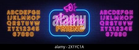 Empfehlen Sie ein Neonschild für Freunde in der Sprechblase auf Backsteinwand Hintergrund. Stock Vektor