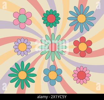 Buntes Set mit groovigen Gänseblümchen. Hippie-Retro-STYLE. Blumensymbole. Vektorabbildung Stock Vektor