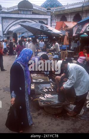 Frau in islamischer Kleidung mit Fischverkäufern, Martapura Markt, Martapura Fluss, genommen 2003, Banjarmasin, Kalimantan, Indonesien Stockfoto