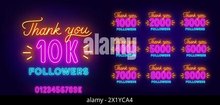 Neon-Satz Danke 1000, 2000, 3000, 4000, 5000 ,6000, 7000, 8000, 9000 und 10.000 Follower auf dunklem Hintergrund. Stock Vektor