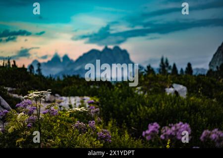 Beschreibung: Mystischer Blick vom See Soraips auf Cadini di Misurina im Hintergrund am Abend. Sorapissee, Dolomiten, Belluno, Italien, Europa. Stockfoto