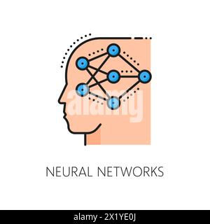 Symbol für neuronale Netzwerke, künstliche Intelligenz und maschinelles Lernen, Vektorfarblinie. KI-Geist und künstliches neuronales Netzwerk Ikone des menschlichen digitalen Intellekts und AutoMl für neurowissenschaftliche Technologie Stock Vektor