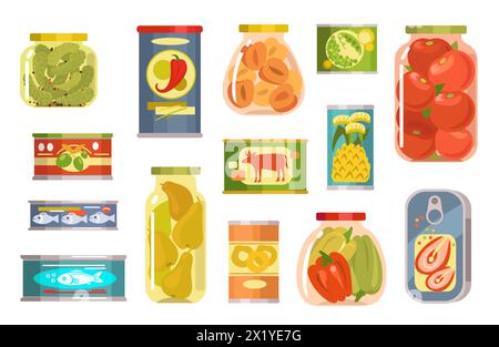 Dosen mit Konserven. Konservierte Produkte. Obstkompott und Marmelade. Mariniertes Gemüse in Glasgläsern. Fleisch- und Fischkonserven. Hausgemachte Gurken Stock Vektor
