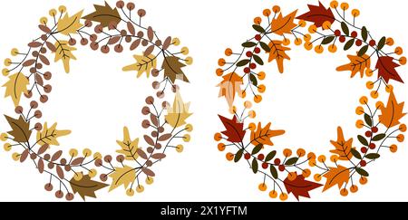 Kreisförmige Rahmen aus Blättern und Zweigen in trendigen Herbsttönen 2er Set Kopierraum Vorlage für Schriftzug isolieren EPS Vektor Design Konzept für Thanksgiving Grußkarten oder -Karten, Druck, Hemd, Banner, Poster Stock Vektor