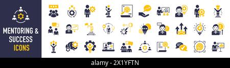 Symbolgruppe für Mentoring und Erfolg. Konzept mit Symbol für Ziele, Coaching, Anleitung, Training, Motivation, wissen, Support und mehr. Vektorsymbole. Stock Vektor
