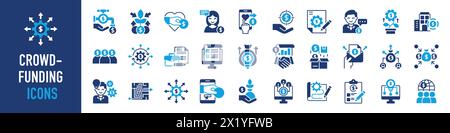 Crowdfunding-Symbolsatz. Spenden- und Wohltätigkeitssymbole. Wie Innovation, Geschäftsplan, Investition, Markteinführung, Finanzierung, Investor, Startup-Symbol. Stock Vektor