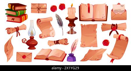 Alte Papyrus-Schriftrolle und Vintage-Bücher. Fantasy-Pergament, versiegelnde Wachsdichtungen, Kerosin-Lampe, altes Papier, Tintenfass, Kerze, antike Dokumente Zeichentrickfilm Stock Vektor