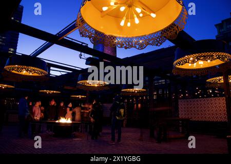 Toronto, Ontario/Kanada - 4. März 2018: Barking by the fire at Night. Lagerfeuer um die Menschen herum. Outdoor-Aktivitäten im Toronto Light Festival. Stockfoto