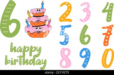 Happy Birthday Banner im Retro Groovy Style. Vintage Walking Charakter und Zahlen. Funky Maskottchen psychedelisches Lächeln. Stock Vektor