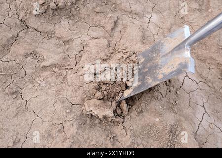 Metallschaufel in braunem, trockenem Boden, Bauern graben von Hand, Felder, Ackerland der Bauern, fruchtbares Land, Gemüseanbaukonzept, national Stockfoto