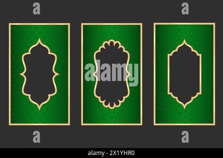 Ramadan islamischer Bogenrahmen mit Ornament. Vektor muslimische traditionelle Tür Illustration für Hochzeit Einladung Post und Vorlagen. Golden und grün Stock Vektor