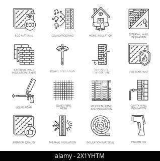 Symbole für Wärmedämmung der Wand. Mineralwolle und Werkzeuge für Hauswände, Böden und Dachdämmung. Vector Line Isolierplatten, Schaumpistole und Steinwolle Rolle, schalldichte Matten und Dübel Stock Vektor