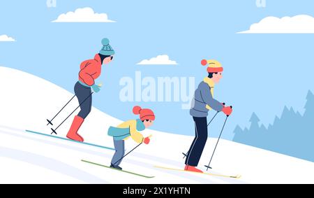 Skigebiet für Familien. Winterferien mit Kindern und Eltern. Junge Skifahrer, Leute rutschen zusammen den verschneiten Berg hinunter. Saisonale Ruhezeit zuletzt Stock Vektor