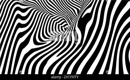 Abstraktes hypnotisches Muster mit schwarz-weiß gestreiften Linien. Psychedelische Hintergründe. OP Art, optische Illusion. Technologie Halbtonmuster Hintergrund oder Stock Vektor