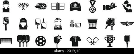 Pickleball-Symbole legen einen einfachen Vektor fest. Sportspiel. Schläger-Aktivitätsball Stock Vektor