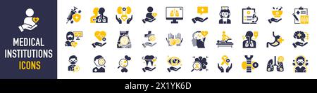 Symbolgruppe für medizinische Einrichtungen. Sammlung von Symbolen für Gesundheitsdienste. Abbildung der Vektorsymbole. Stock Vektor