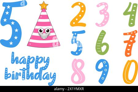 Happy Birthday Banner im Retro Groovy Style. Vintage Walking Charakter und Zahlen. Funky Maskottchen psychedelisches Lächeln. Stock Vektor